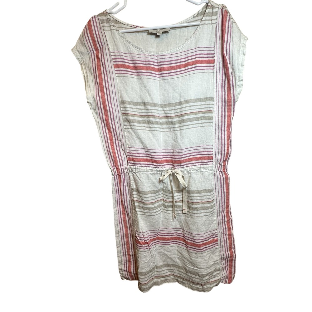 Ann Taylor Loft 100% Linen Blouson Mini Dress Sz‎ M Drawstring Beige Pink Stripe